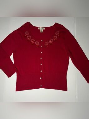 Bloom Red Beaded Floral Neck Cardigan